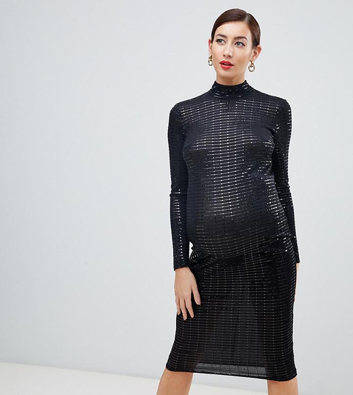 Flounce London Maternity High Neck Midi Dress In Black Metallic