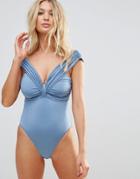 Asos Fuller Bust Exclusive Slinky Bardot Swimsuit Dd-g - Blue