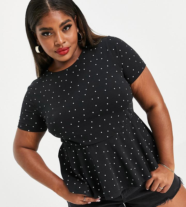 Asos Design Curve Fitted Peplum Top With Short Sleeve In Mono Dot-black