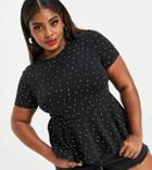 Asos Design Curve Fitted Peplum Top With Short Sleeve In Mono Dot-black