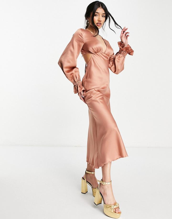 Asos Design Satin Bias Midi Dress With Blouson Sleeve In Rose-pink
