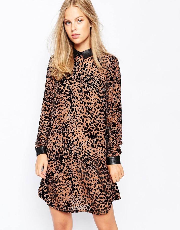 Lost Ink Animal Print Dress With Pu Collar - Multi