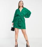 Asos Design Curve Plunge Tie Front Mini Dress In Floral Jacquard In Green