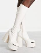 Ego Strength Platform Knee Boots In Cream-white