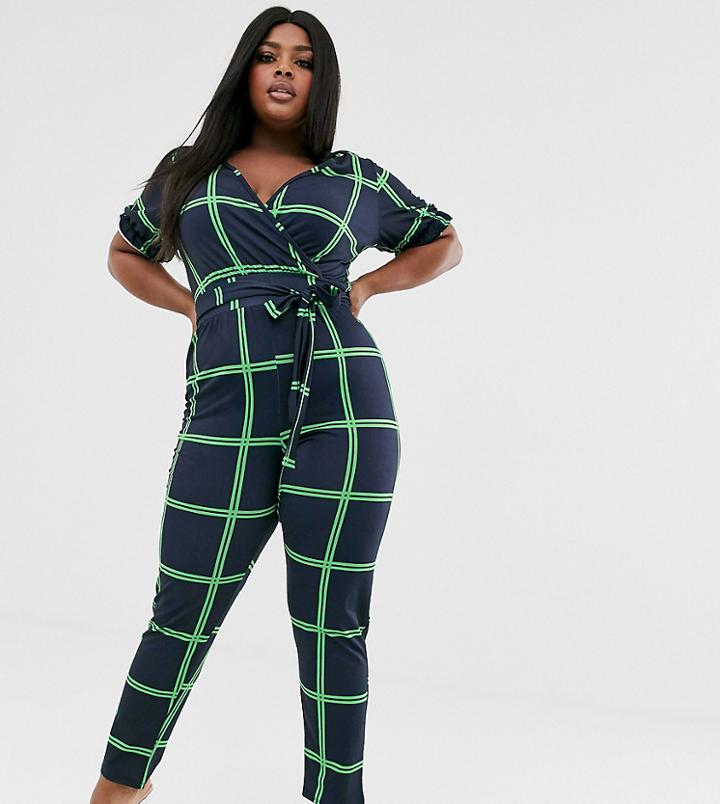 Pink Clove Wrap Front Jumpsuit With Tie Waist And Gathered Sleeve In Check Print - Multi