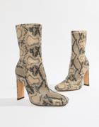 Missguided Heeled Ankle Boots In Snake Print - Beige
