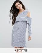 Asos Tall Off Shoulder Cotton Mix Shirt Dress In Stripe - Multi