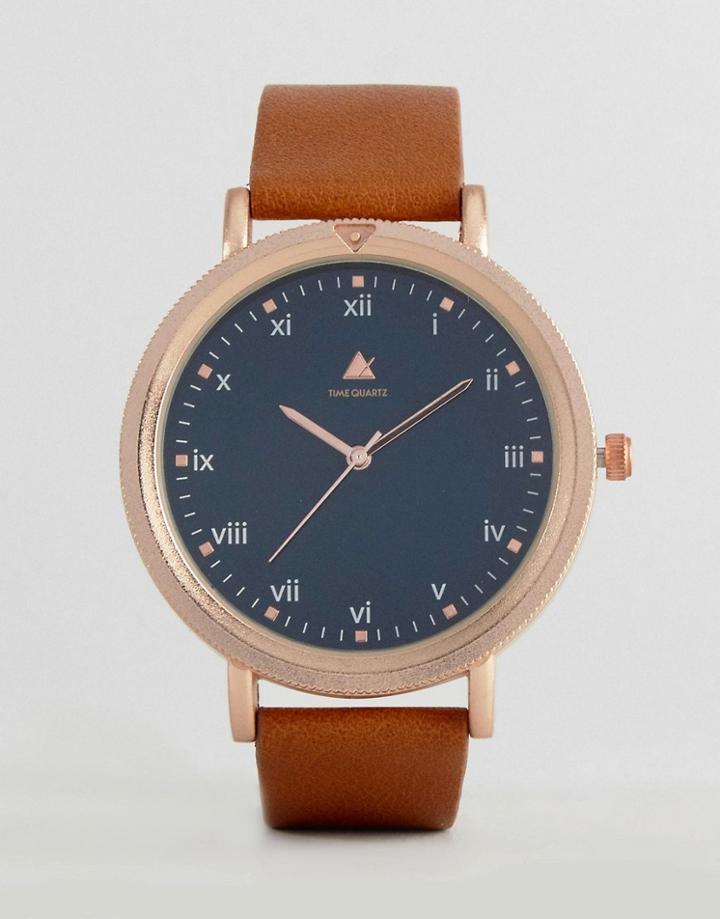 Asos Watch With Tan Leather Strap And Rose Gold Sandblasted Case - Tan
