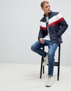 Esprit Puffer Jacket With Retro Chest Stripe - Navy