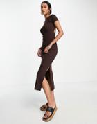 Asos Design Ribbed Body-conscious Midi T-shirt Dress With Open Back In Chocolate Brown