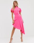 Asos Design High Neck Midi Dress With Open Back And Pep Hem - Pink