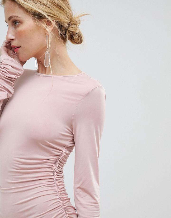 Asos Ruched Side Slinky Long Sleeve Mini Dress-pink