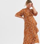 Influence Maternity Wrap Front Satin Midi Dress With Frill Hem