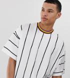 Asos Design Tall Oversized T-shirt In Vertical Stripe With Color Neck Tipping-white
