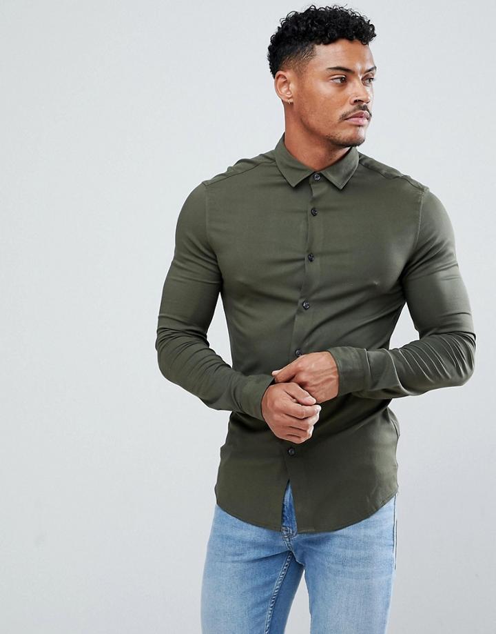 Asos Skinny Viscose Shirt In Khaki - Green