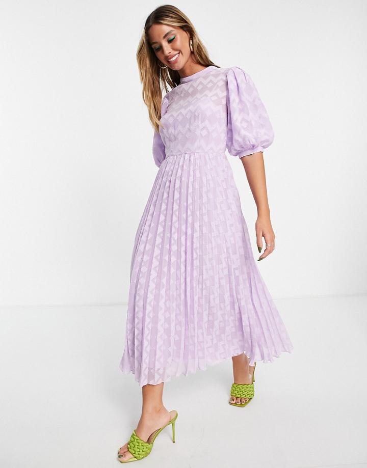 Asos Design High Neck Pleated Chevron Textured Midi Dress With Puff Sleeve In Lilac-purple