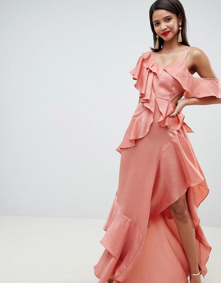 Asos Design Floaty Satin Ruffle Maxi Dress - Pink