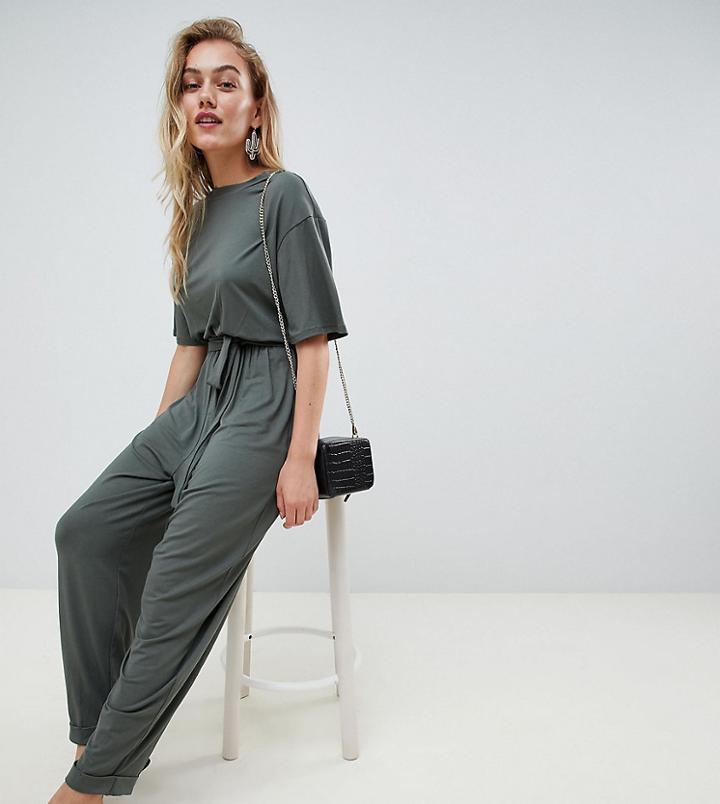 Asos Design Petite T-shirt Jumpsuit With Tie Waist - Green