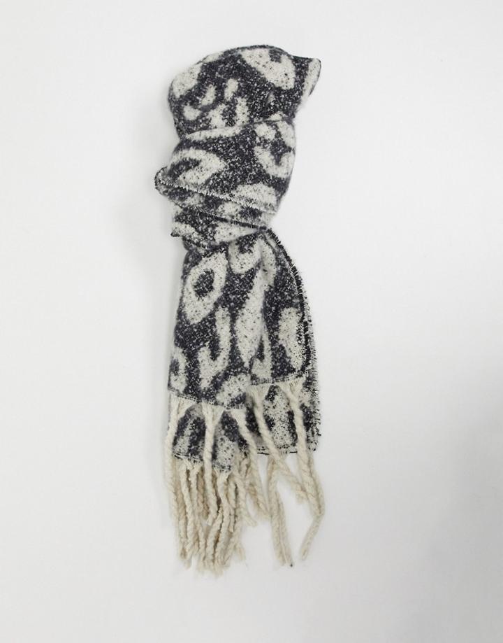 French Connection Animal Tassel Scarf In Dark Gray And Cream-black