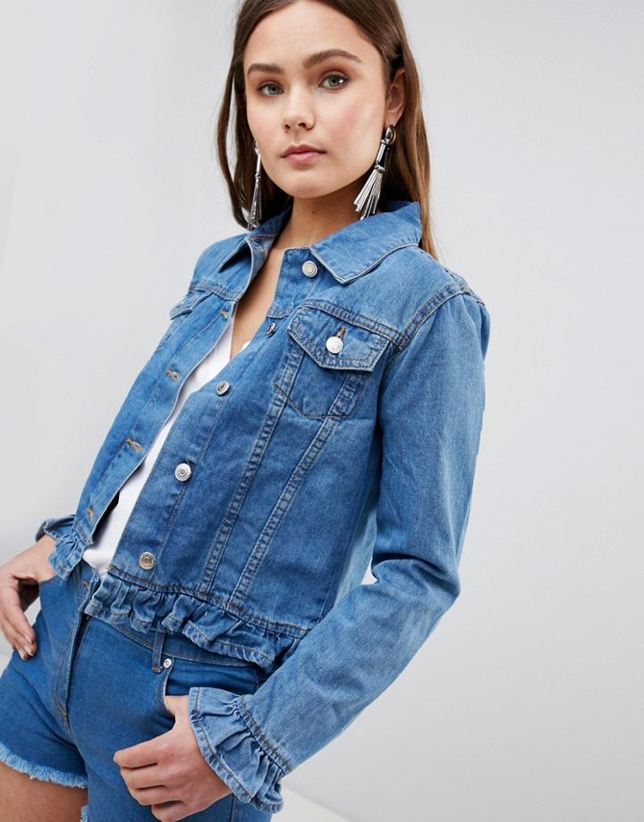 Parisian Denim Jacket With Frill Detail - Blue