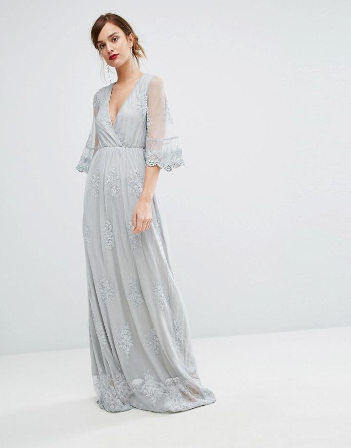 Club L Embroided Detailed Lace Wrap Front Maxi Dress - Gray