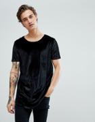 Asos Super Longline T-shirt In Black Velour With Curve Hem And Scoop Neck - Black