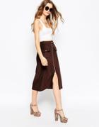Asos Chunky Cord Zip Front Midi Skirt - Chocolate Brown