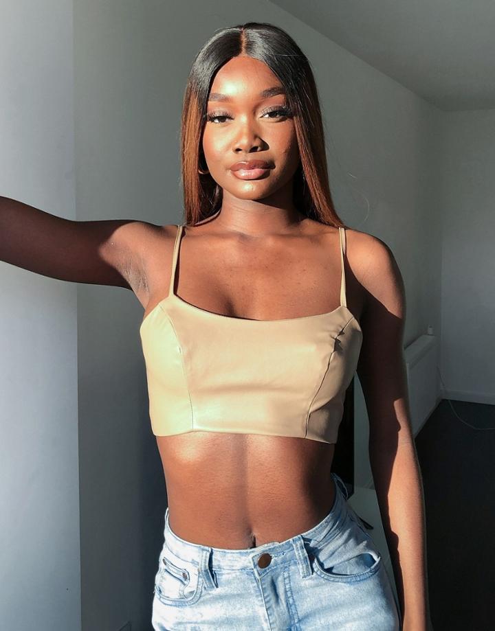 Asos Design Jersey Leather Look Suit Crop Top In Tan-brown