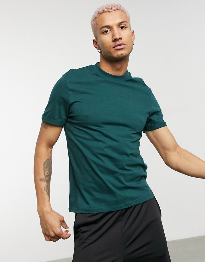 Asos Design Organic T-shirt With Crew Neck And Roll Sleeve In Green