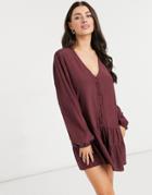 Asos Design Button Front Smock Romper In Oxblood-red