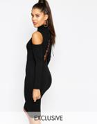 Naanaa Midi Dress With Cold Shoulder And Lace Up Back - Black