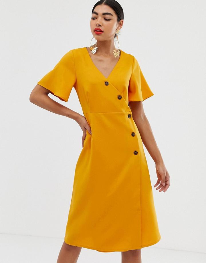 Unique21 Short Sleeve Button Wrap Dress - Yellow