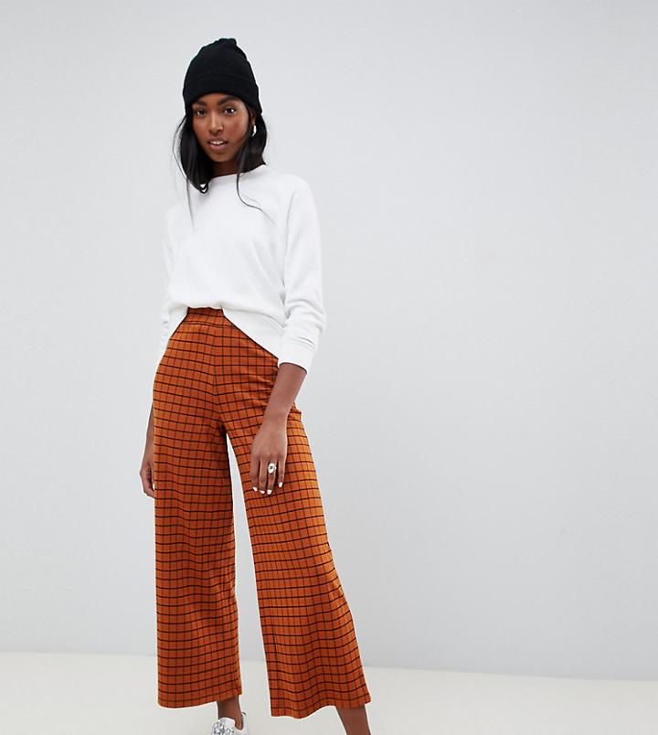 Asos Design Tall Wide Leg Culotte Pants In Rust Check - Orange