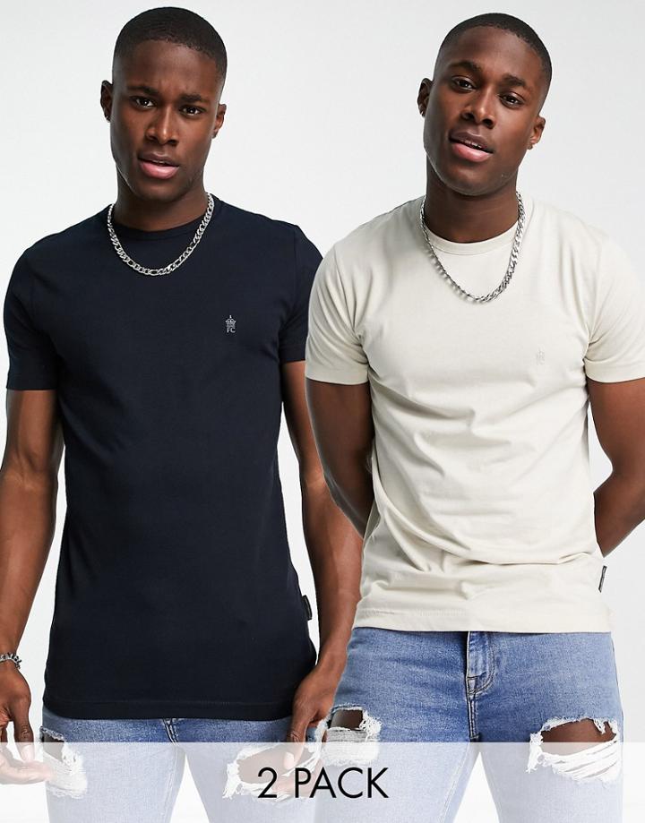 French Connection 2 Pack Crew Neck T-shirt In Navy & Stone-multi