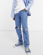 Asos Design Original Fit Jeans In Mid Wash With Knee Rips-blues