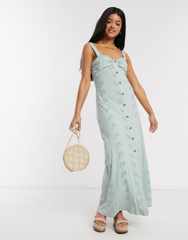 Asos Design Broderie Strappy Button Through Maxi Dress In Mint-orange