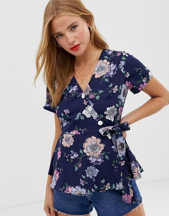 Qed London Wrap Front Top In Floral - Navy