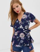 Qed London Wrap Front Top In Floral - Navy
