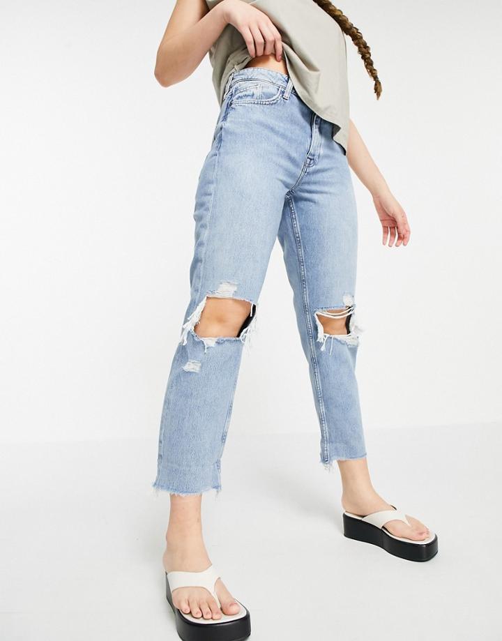 River Island Ripped Knee Boyfriend Jeans In Mid Auth Blue-blues