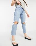 River Island Ripped Knee Boyfriend Jeans In Mid Auth Blue-blues