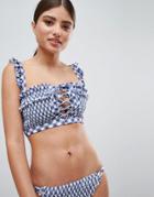 Asos Design Fuller Bust Gingham Print Shirred Lace Up Bikini Top Dd-f - Blue