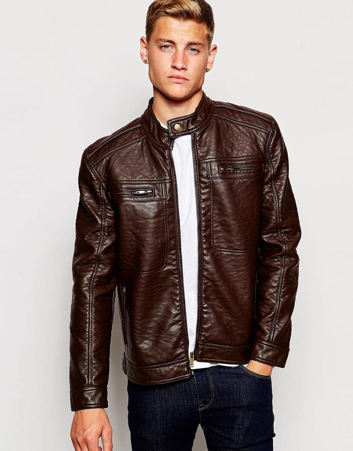 Brave Soul Premium Faux Leather Biker Jacket - Brown