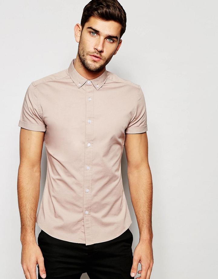 Asos Skinny Shirt In Dusty Pink Twill With Short Sleeves - Dusty Pink