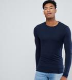 Asos Design Tall Muscle Fit Long Sleeve T-shirt With Crew Neck In Navy - Navy