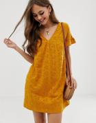 Asos Design Reversible Frill Sleeve Broderie Smock Dress-yellow