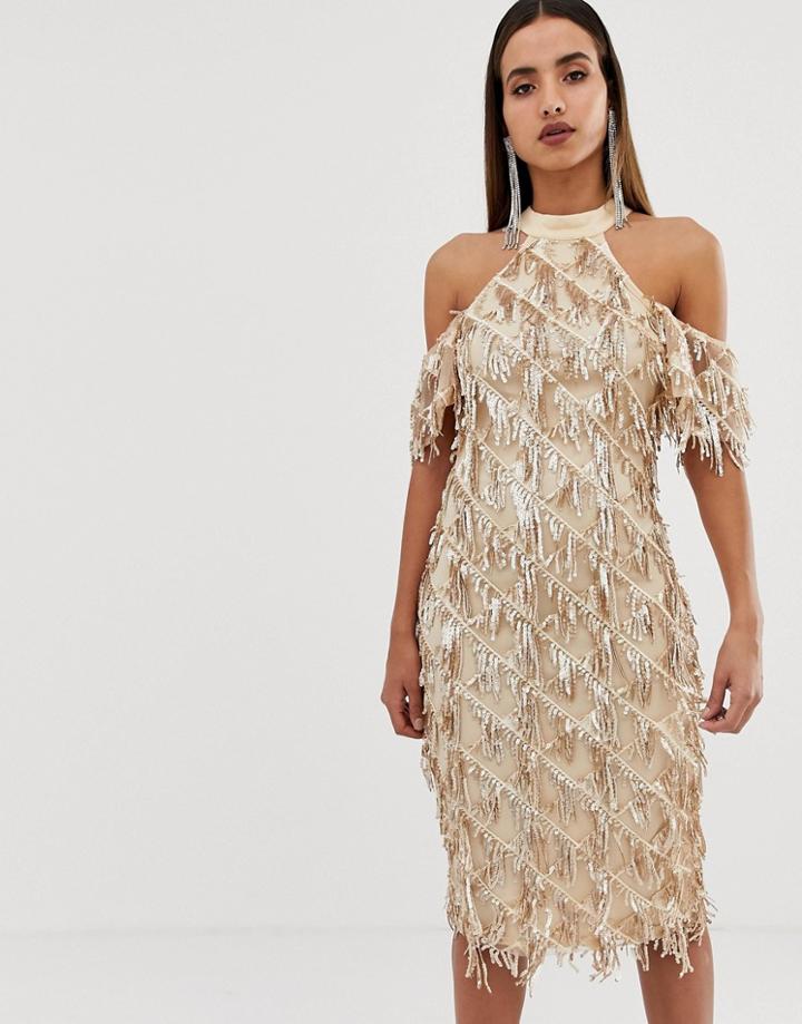 Forever Unique Gold Sequin Tassle Midi Dress - Gold