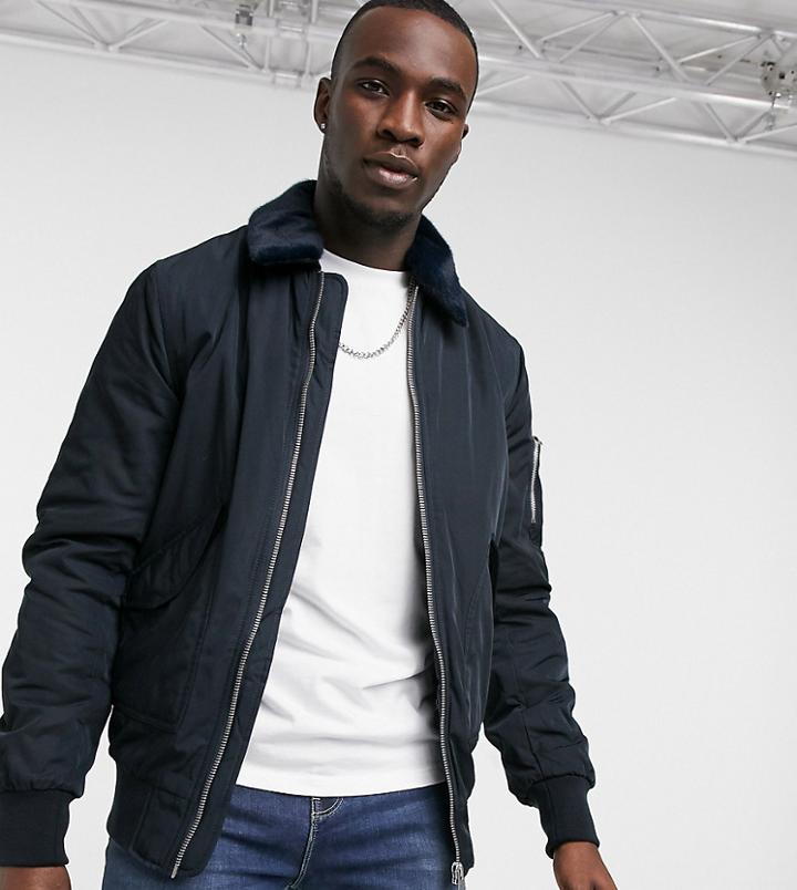 Asos Design Tall Bomber Jacket With Detachable Faux Fur Collar In Navy