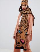 Asos Design Tiger Face Knitted Scarf - Brown