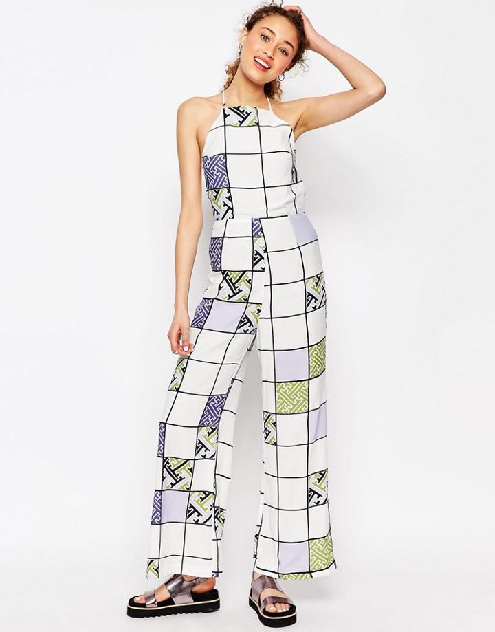 Asos Africa X Chichia Strappy Jumpsuit In Grid Print - Multi