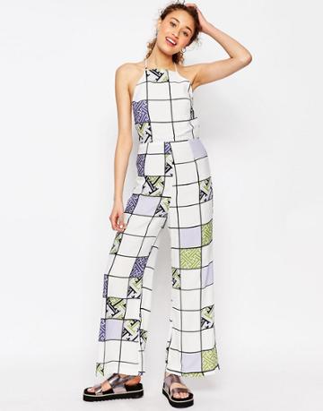 Asos Africa X Chichia Strappy Jumpsuit In Grid Print - Multi